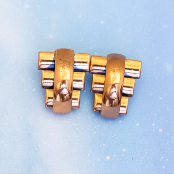 Vintage Copper Geometric Two Tone Clip On Earrings by Renoir - J31 - Picture 1 of 2